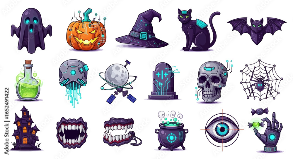 Poster vector icons set of hightech halloween a spooky collection of cyberpunk icons with neon circuitry. v