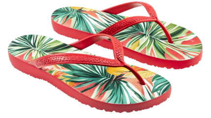 Vibrant red flip-flops with tropical floral design, perfect for summer vacation, beach fun! isolated on white background