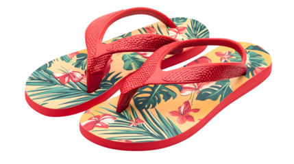 Vibrant floral print flip-flops, perfect for summer vacations, beach getaways, and tropical escapes isolated on white background