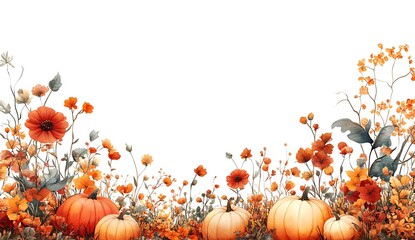 Watercolor pumpkins and orange flowers border with white background autumn fall 1