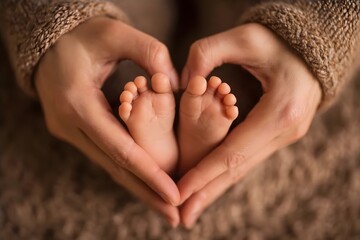 Warm hands holding baby feet in a heart shape.