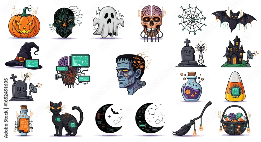 Poster vector icons set of hightech horrors a cyberpunk halloween icon set with circuitry and glitches. vec
