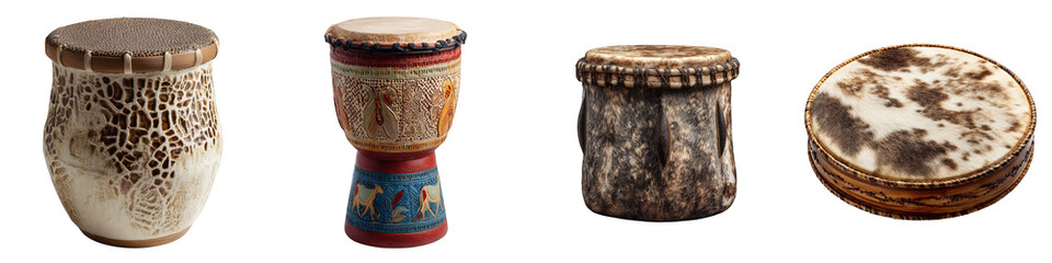 Assorted hand drums traditional musical instruments on transparent background