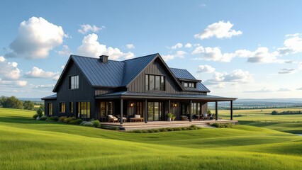 Fototapeta premium Stunning Modern Farmhouse Architecture Design With Wrap Around Porch And Lush Green Landscape