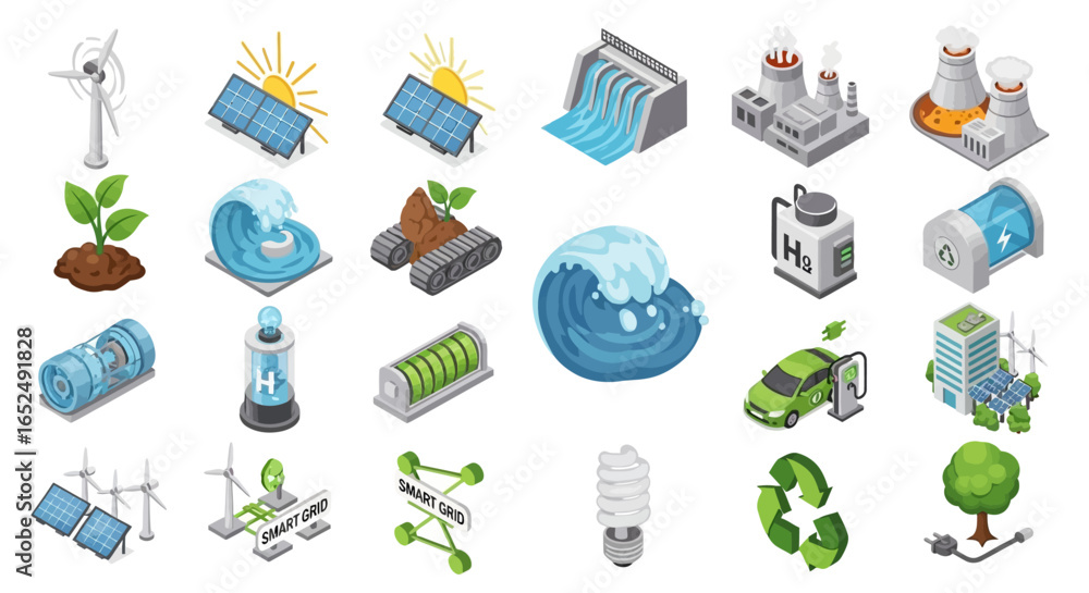 Poster vector icons set of isometric energy ecology icons a diverse set of modern power generation concepts