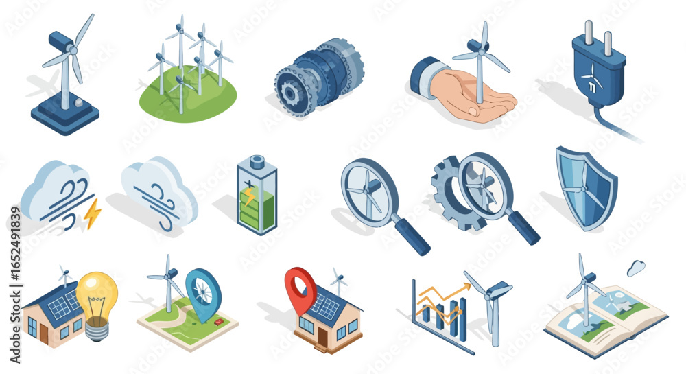 Poster vector icons set of isometric wind energy icons turbines technology and sustainable power solutions.