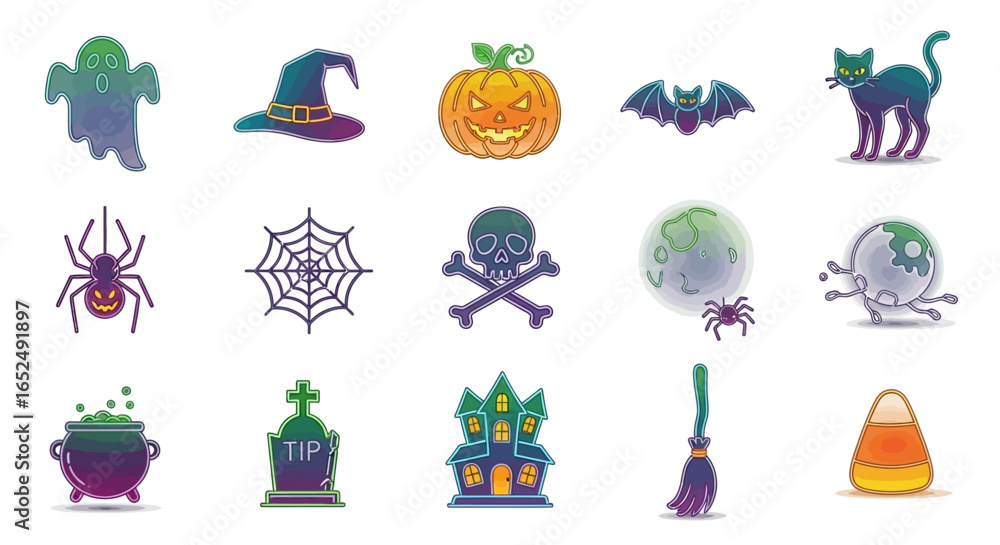 Poster vector icons set of luminous gradient halloween icon collection with a modern neon glow. vector illu