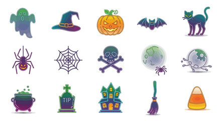 Vector Icons Set of Luminous Gradient Halloween Icon Collection with a Modern Neon Glow. Vector Illustrations. EPS Editable