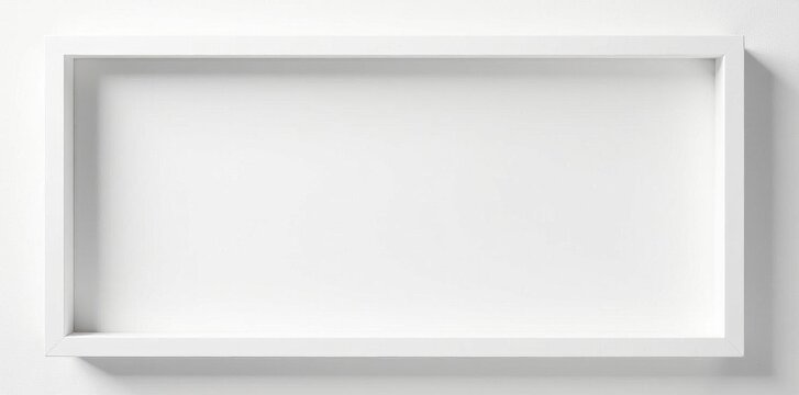 Sleek rectangular white frame, pure white backdrop, picture frame, template