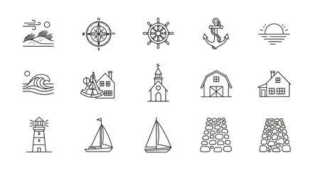 Naklejka premium Vector Icons Set of Maritime and Coastal Village Life A Clean Minimalist Line Art Icon Set. Vector Illustrations. EPS Editable