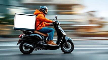 Fototapeta premium Courier on a black scooter with a white delivery box in motion on a city street