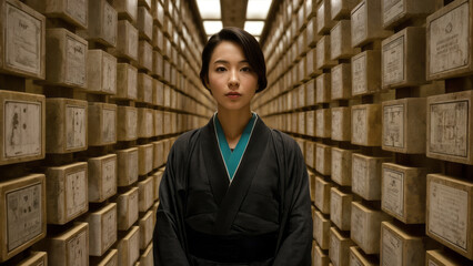 Serious Woman in a Traditional Black Kimono with a Teal Collar Standing in a Quiet Archive Room Filled with Wooden Shelves of Historical Documents and Boxes, Capturing a Sense of Heritage