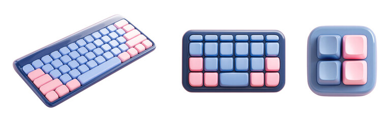 Fototapeta premium 3D render The image showcases three pastel-colored mechanical keypads isolated on transparency PNG background, perfect for modern office themes, tech reviews, or gaming content