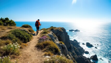 Obraz premium Adventurous hiker enjoys stunning ocean views along rugged coastal path on a sunny day