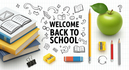 Inviting back to school composition featuring books, apple and writing elements