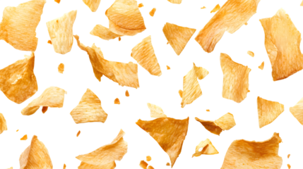 Crispy, golden potato chips scattering, perfect for snack food promotions and culinary content isolated on white background