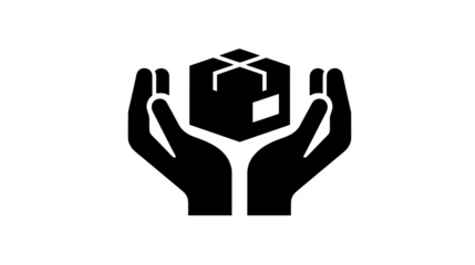 Flat black icon of hands holding a shipping box, fragile care symbol, isolated on transparent