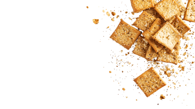 Delicious crackers with herbs and spices scattered on black background for food design projects isolated on white background