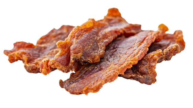 Delicious beef jerky, savory snack for hiking, backpacking, camping, and road trips on the go isolated on white background