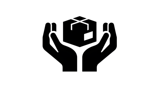 Flat black icon of hands holding a shipping box, fragile care symbol, isolated on transparent