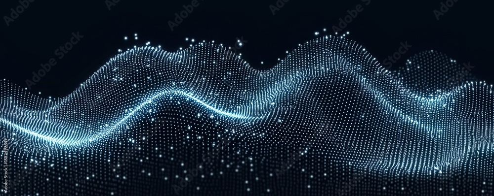 Poster dynamic sound wave pattern with blue glowing dots on black abstract background, data visualization a