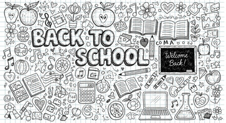 Intricate back to school doodle drawing on graph paper with educational elements and symbols