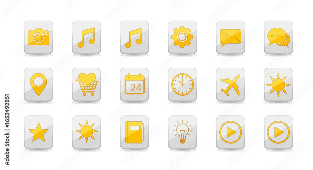 Poster vector icons set of set of golden yellow app icons with a glossy beveled 3d effect for web and mobil