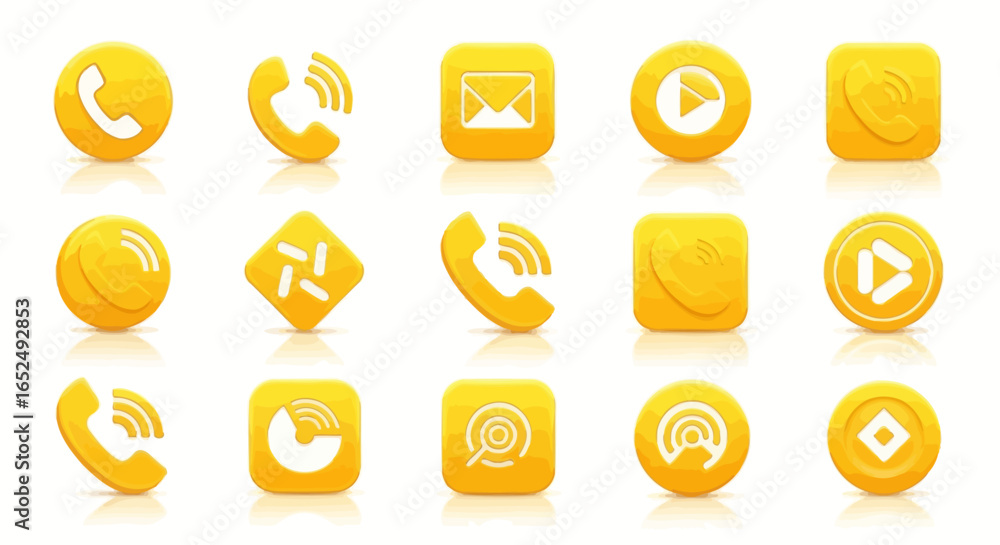 Poster vector icons set of sleek yellow 3d communication and media icons with glossy reflections. vector il