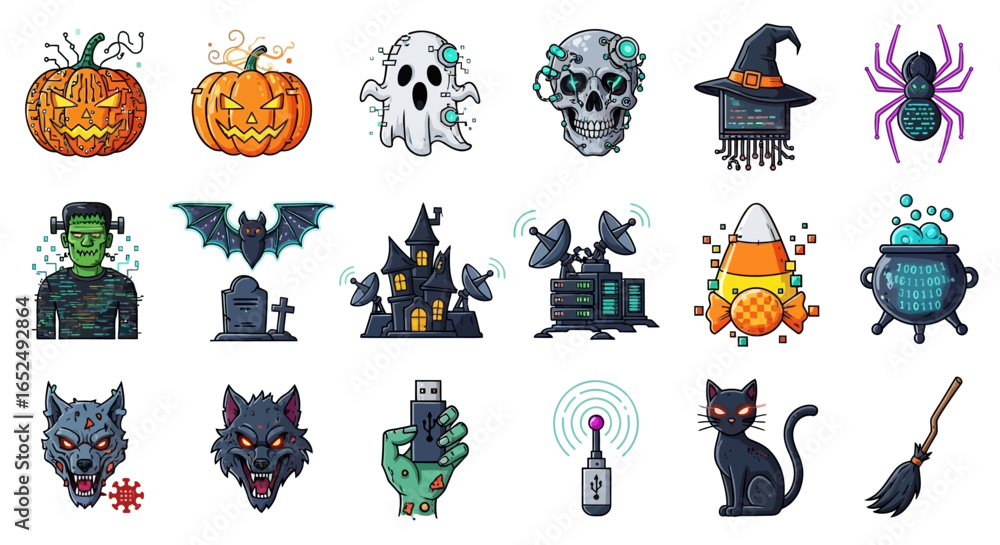 Poster vector icons set of spooky tech a cyberpunk halloween icon set with digital monsters. vector illustr