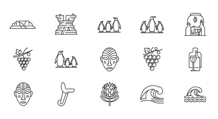 Obraz premium Vector Icons Set of South Africa Icon Set Table Mountain Penguins Protea in Minimalist Line Art. Vector Illustrations. EPS Editable