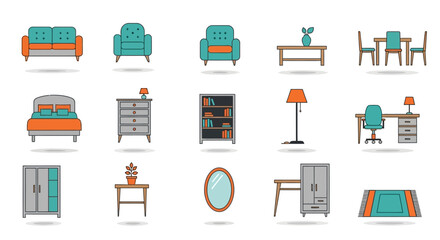 Vector Icons Set of Stylish Home Interior Icon Set Flat Line Furniture with Teal and Orange Accents. Vector Illustrations. EPS Editable