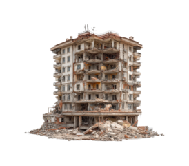 Disaster response building collapse urban area destruction aerial view isolated on transparent background, png