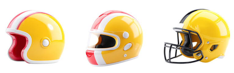3D render Three colorful helmets with yellow and red designs isolated on transparency PNG background, showcasing various styles like open face, full face, and football