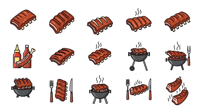 Vector Icons Set of Vector Icon Set of Smoky Barbecue Pork Ribs Grills and Sauces. Vector Illustrations. EPS Editable