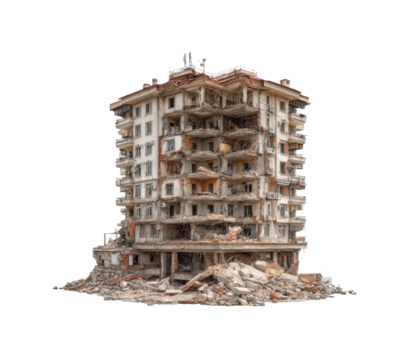 Disaster response building collapse urban area destruction aerial view isolated on transparent background, png
