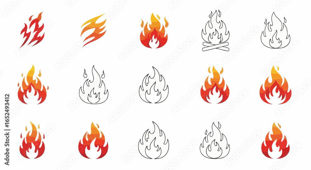 Poster vector icons set of versatile fire icon collection stylized flames campfires and emblems in color an
