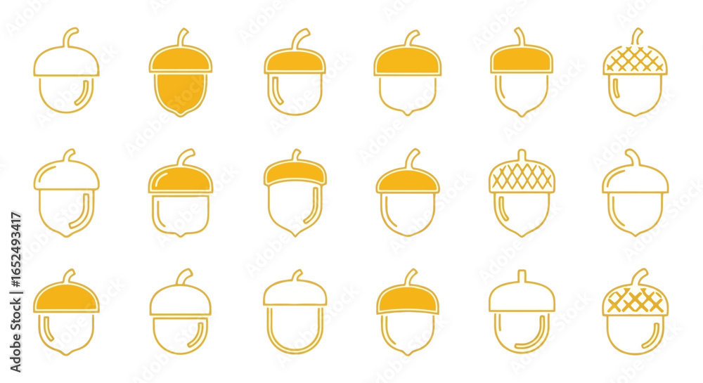 Poster vector icons set of versatile golden acorn icon set minimalist line art and filled styles. vector il