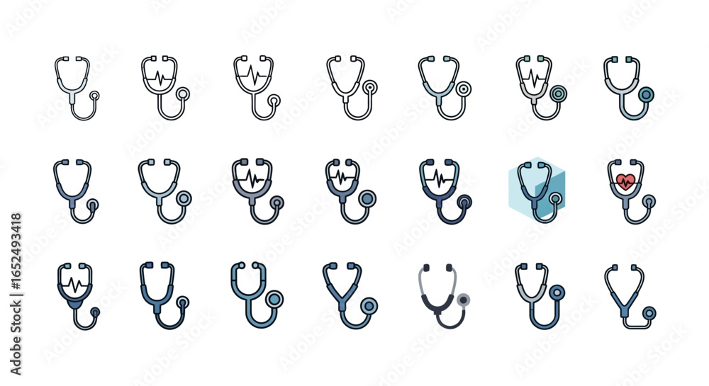 Poster vector icons set of versatile medical stethoscope icon set with ekg heart and color variations. vect