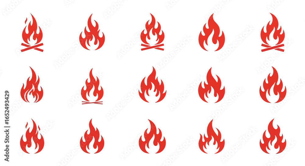 Poster vector icons set of versatile red fire icon set stylized flames and campfire vector graphics on whit
