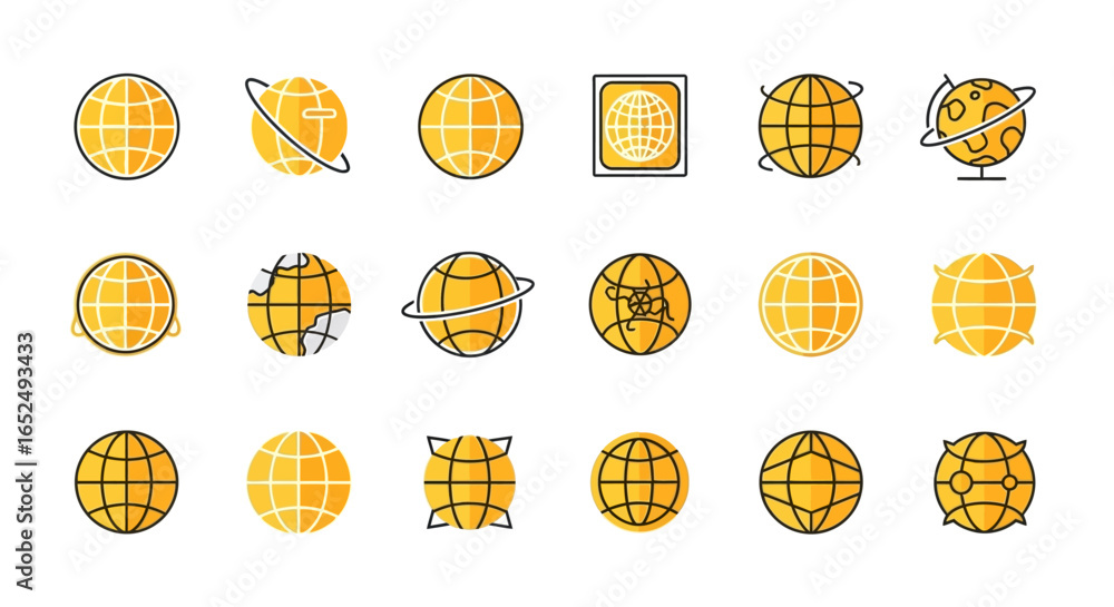 Poster vector icons set of versatile yellow globe icon set modern flat line art planet symbols for global c