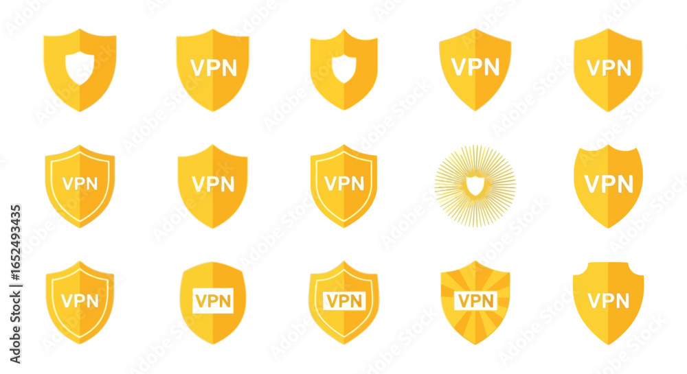 Poster vector icons set of versatile set of golden vpn shield icons for cybersecurity and privacy concepts.