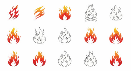 Vector Icons Set of Versatile Fire Icon Collection Stylized Flames Campfires and Emblems in Color and Line Art. Vector Illustrations. EPS Editable