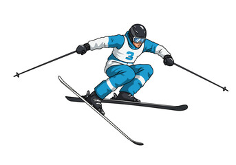 Cartoon Skier in Action with Number 3 Bib and Poles