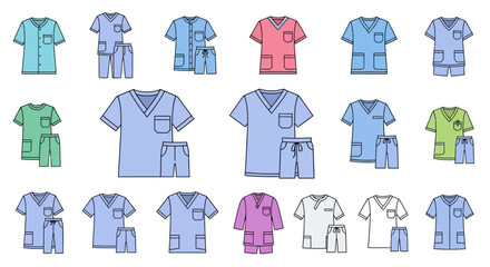 Vector Icons Set of Vibrant Assortment of Medical Scrub Uniforms in Diverse Styles and Colors Flat Icon Set. Vector Illustrations. EPS Editable