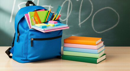 Preparedness for academics embodied in a blue backpack full of study materials