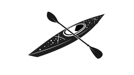 Flat black icon of kayak with paddle, isolated on white
