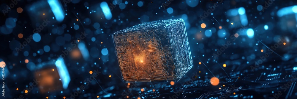 Aufkleber microchip cube floating in dark space with blue-orange glow, hyper-realistic 3d rendering for high-t