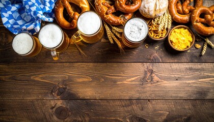 Festive beer and pretzel celebration bavarian beer garden food photography rustic setting aerial view gastronomic delight