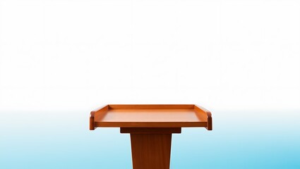 Modern Wooden Lectern Podium on Light Blue and White Background; Clean, Minimalist Design.