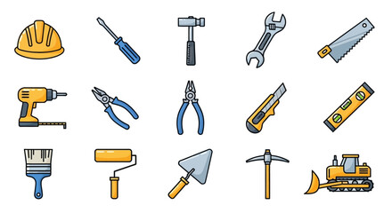 Obraz premium Vector Icons Set of Vibrant Cartoon Icon Set of Essential Construction and Repair Tools. Vector Illustrations. EPS Editable